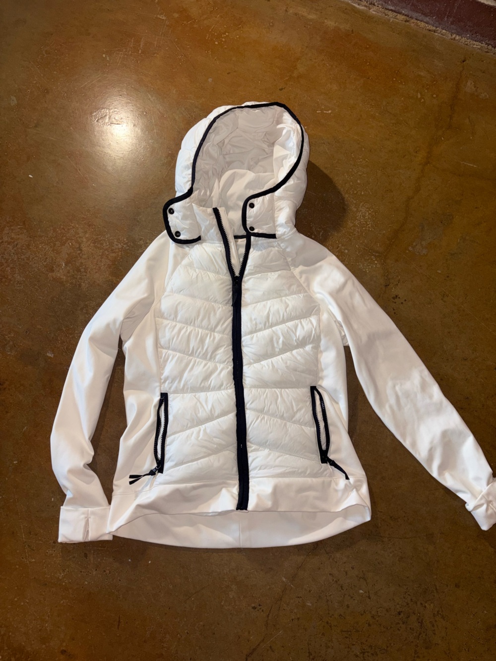 Lou & Grey White Hooded Puffer Jacket with Black Trim